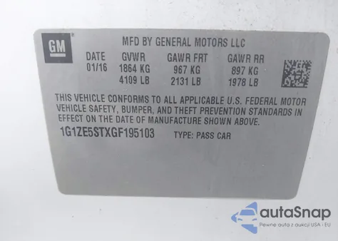 2016 Chevrolet Malibu 1Lt z USA, uszkodzony, nr VIN 1G1ZE5STXGF195103